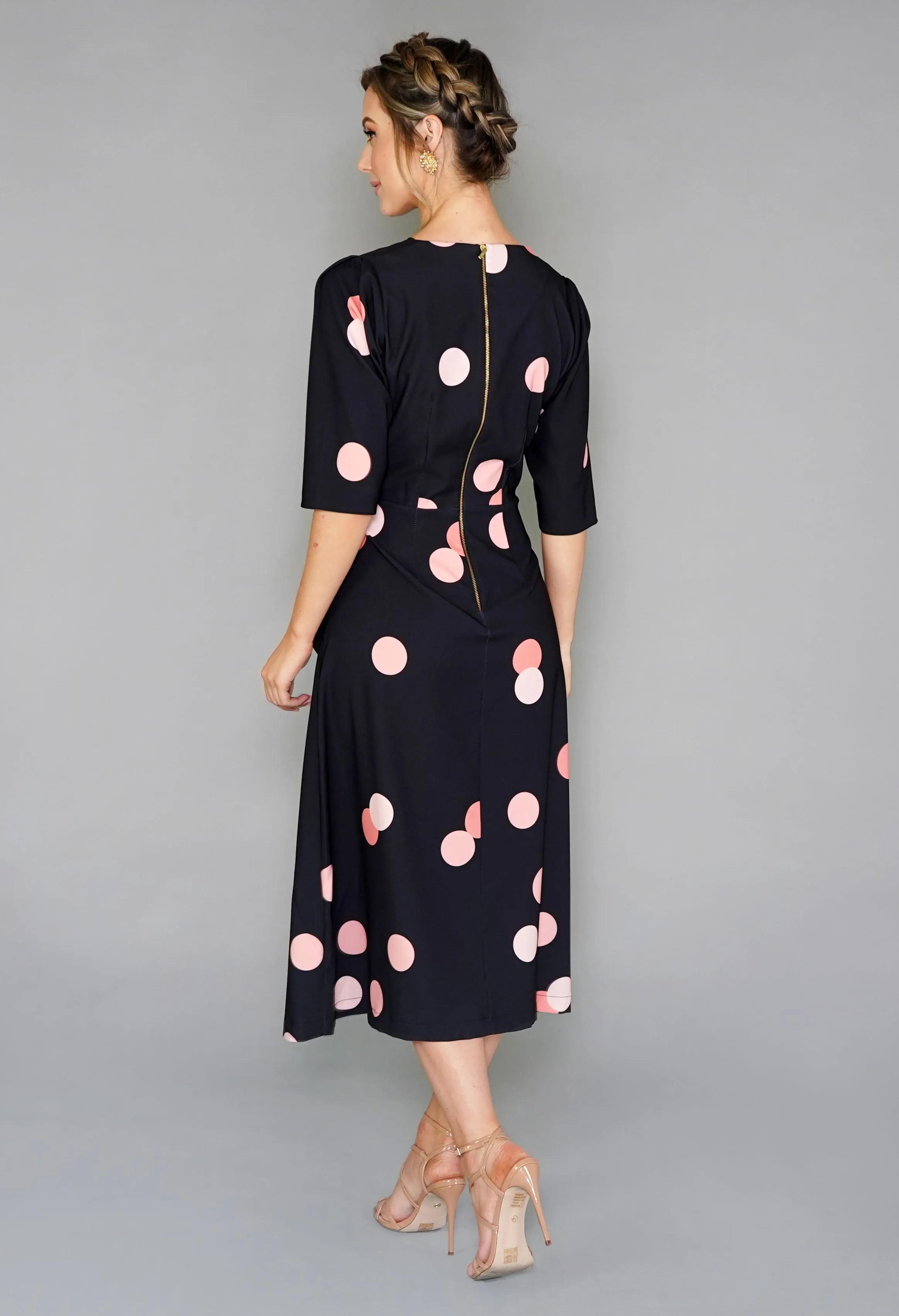 BLACK AND PEACH POLKA DOT WRAP TIE DRESS