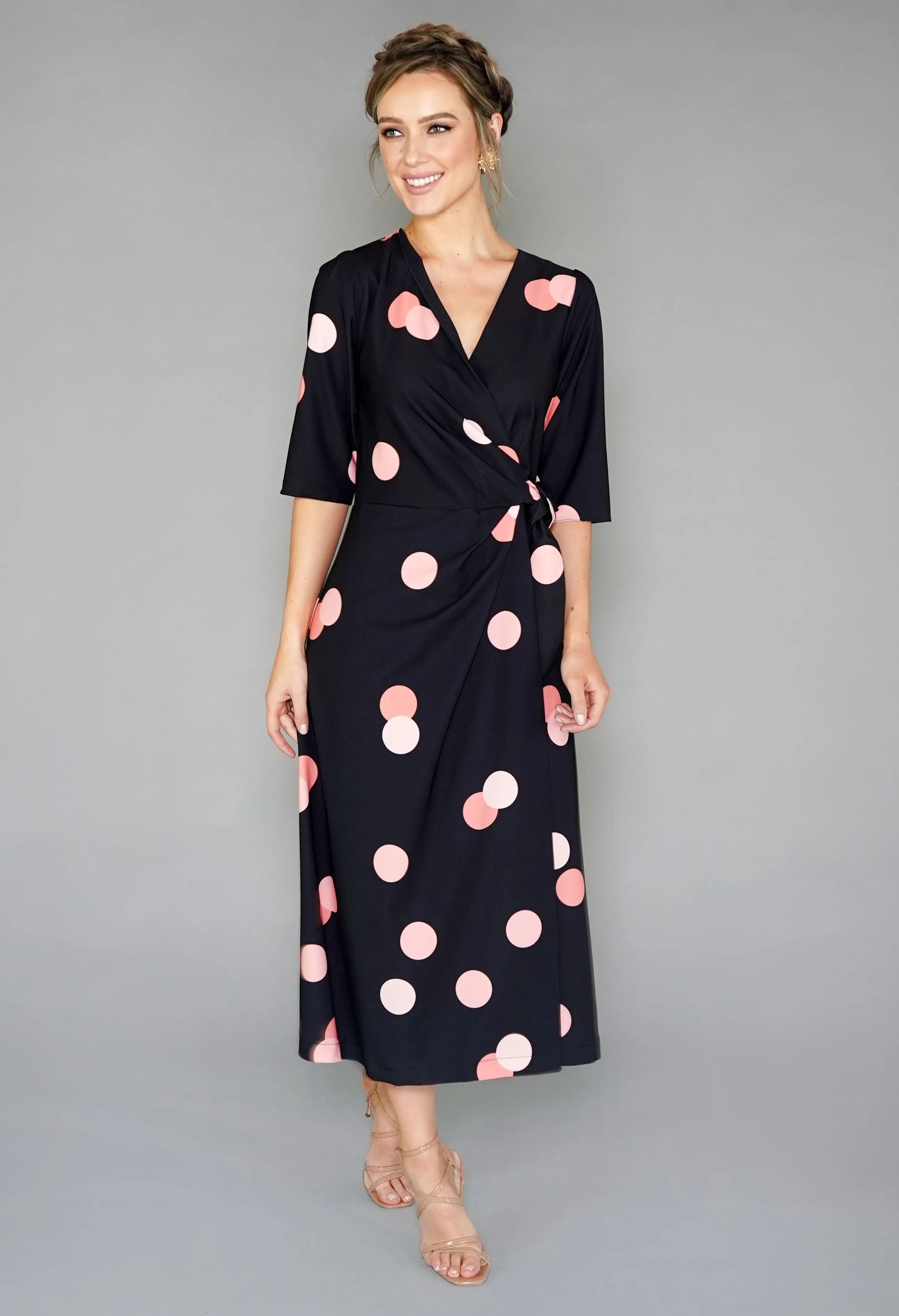 BLACK AND PEACH POLKA DOT WRAP TIE DRESS