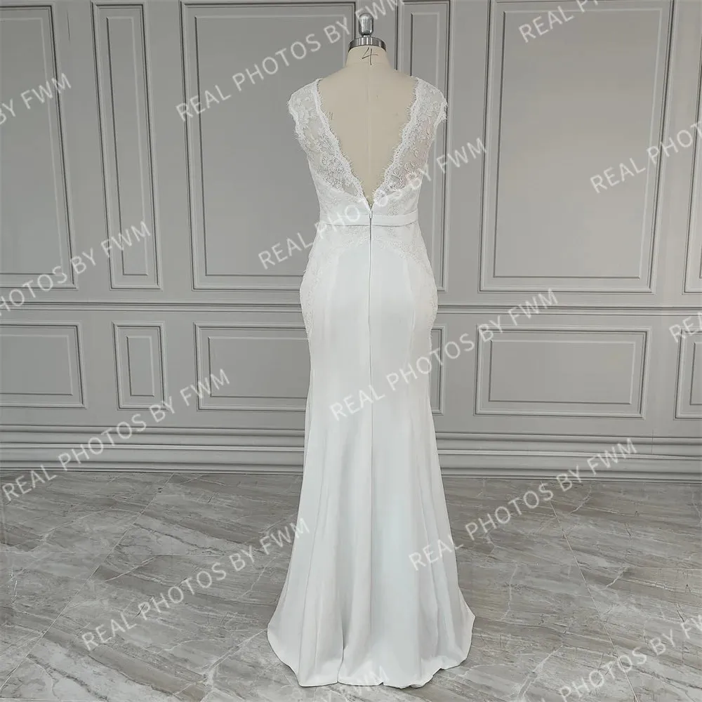 Boat Neck Open Back Boho Lace Wedding Bridal Sheath Dress