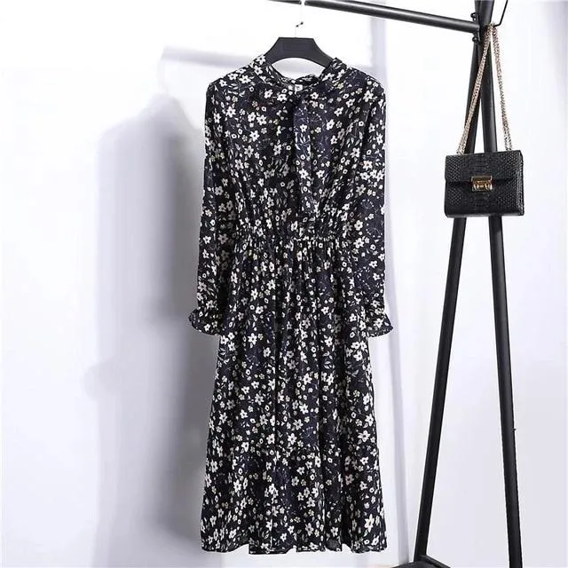 Casual Ruffle Long Sleeve Floral High Waist Bow A-Line Boho Autumn Dress