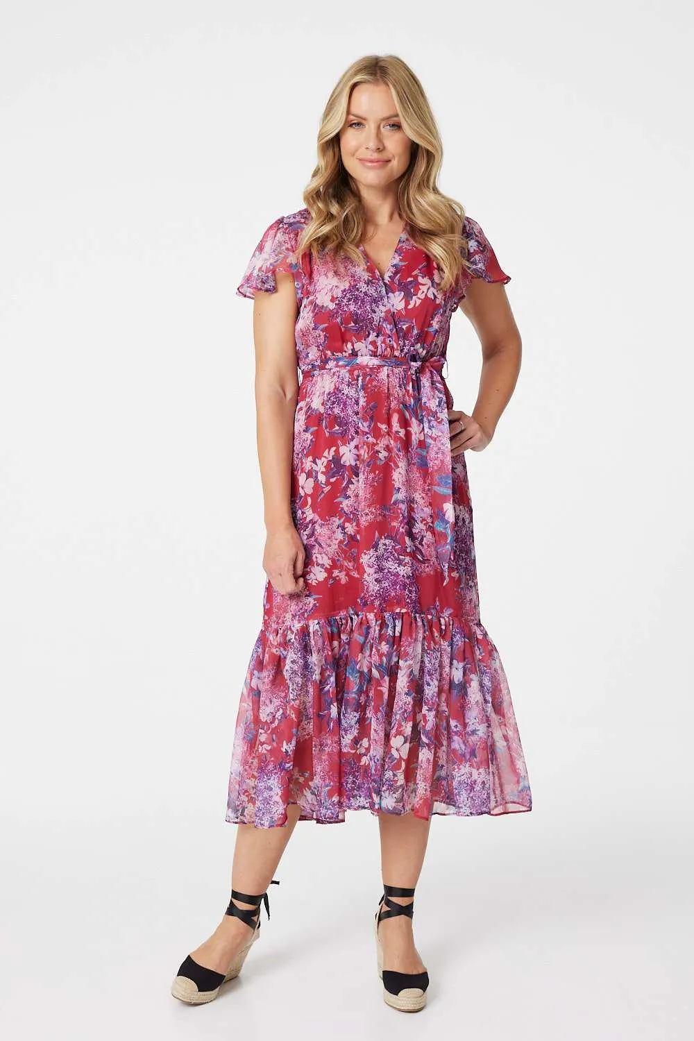 Floral Short Sleeve Tiered Midi Dress