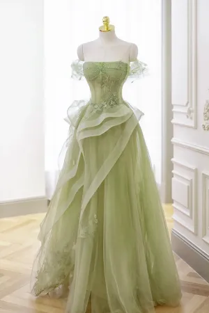 Green Tulle Lace Long Prom Dress with Corset, Green Formal Party Dress