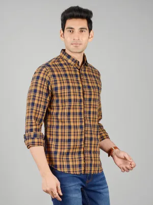 Honey Yellow & Blue Checked Slim Fit Casual Shirt | Greenfibre