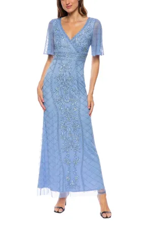 Marina V-Neck Short Sleeve Beaded Gown