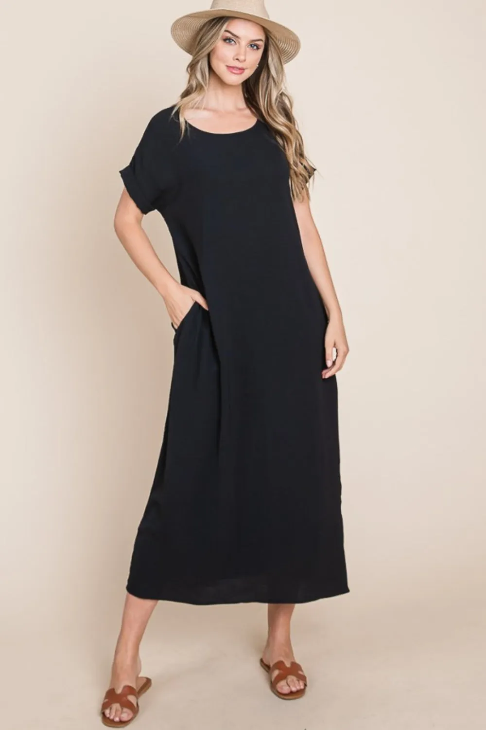 Round Neck Short Sleeve Midi Dress with Pockets