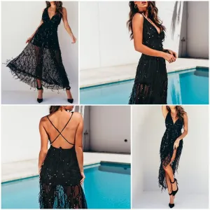 Sexy Sequin Lace Mesh Long Backless Party Dress