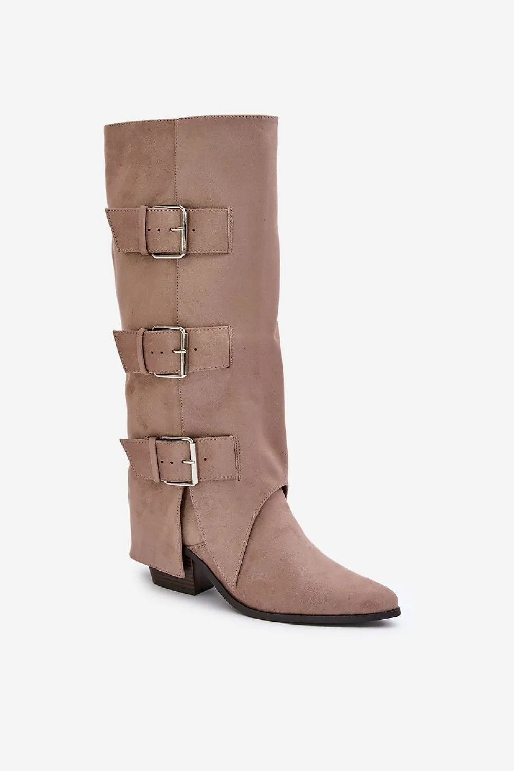 TEEK - Beige 3 Buckle Suede Flap Heel boots