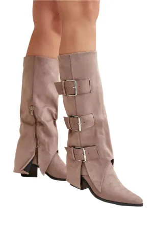 TEEK - Beige 3 Buckle Suede Flap Heel boots