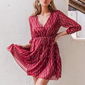 V-Neck Ruffled Striped Print High Waist Lantern Summer Mini Dress