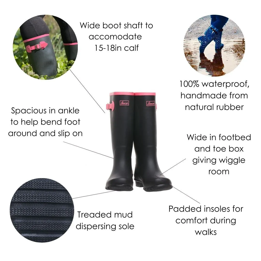 Wide Calf Rain Boots - 15 to 18 inch calf - Navy with Cream Trim - Wide in Foot and Ankle