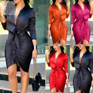 Women Lace-up Solid Color Long Sleeve Midi Dress Shirt Dress Elegant Fashion Party Dress